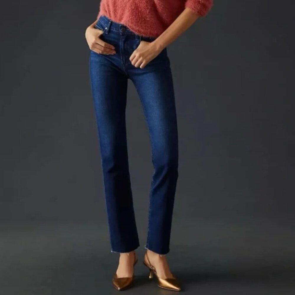 PAIGE Cindy Straight Leg Jean in Promise Dark Wash Raw Hem Ankle Size 25